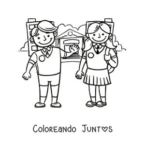 Imagen para colorear de dos niños animados con uniforme frente a la escuela
