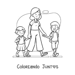 Imagen para colorear de una madre animada llevando a sus hijos a la escuela