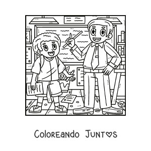 Imagen para colorear de un niño en el salón de clase con su maestro explicando