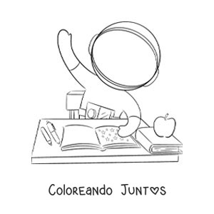 Imagen para colorear de un astronauta animado en la escuela levantando la mano