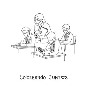 Imagen para colorear de niños con mascarillas en el salón de clase con la maestra