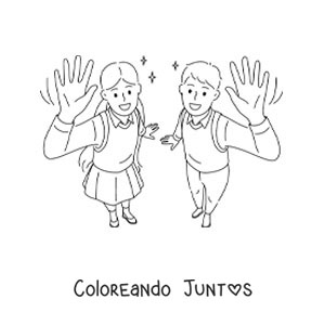 Imagen para colorear de una niña y un niño con uniforme saludando