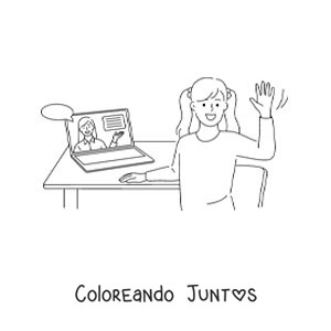 Imagen para colorear de una niña con su laptop en una clase online