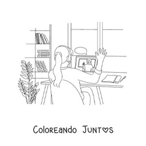 Imagen para colorear de una niña con audífonos participando en una clase online