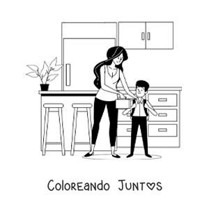 Imagen para colorear de una madre dando una lonchera con el desayuno a su hijo antes de ir a la escuela