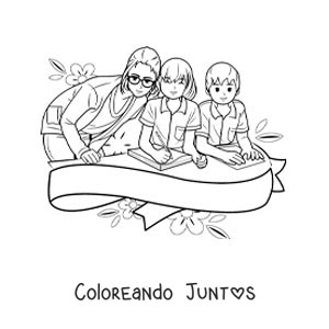 Imagen para colorear de dos niños en la escuela con su maestra