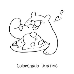 Imagen para colorear de un oso animado comiendo en un plato