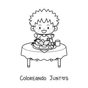 Imagen para colorear de un niño animado sentado a la mesa con un plato de comida