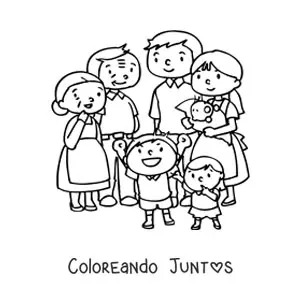Imagen para colorear de un papá una mamá dos niños y un bebé recibiendo a un par de abuelos