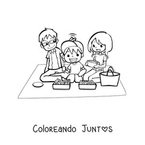 Imagen para colorear de un niño y sus padres comiendo en un picnic