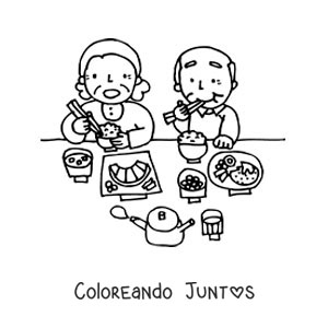 Imagen para colorear de dos abuelos comiendo juntos en la mesa