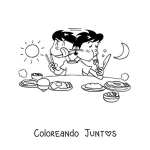Imagen para colorear de un niño comiendo en la mesa desde la mañana hasta la noche