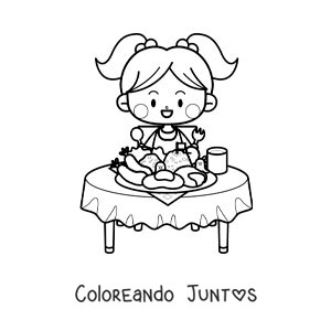 Imagen para colorear de una niña kawaii sentada a la mesa con un plato de comida