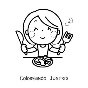 Imagen para colorear de una mujer kawaii comiendo en la mesa con cubiertos