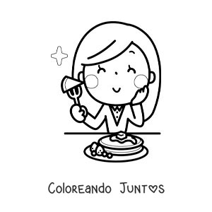 Imagen para colorear de una mujer kawaii comiendo panqueques en el desayuno