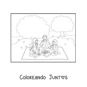 Imagen para colorear de niños y sus padres comiendo en familia en un picnic