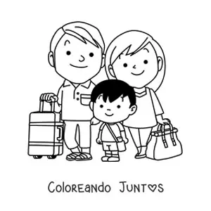 Imagen para colorear de una familia nuclear con equipaje de viaje