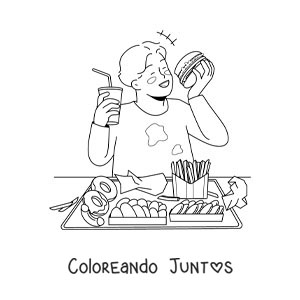 Imagen para colorear de un niño comiendo comida chatarra
