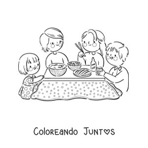Imagen para colorear de una familia comiendo juntos en la mesa en el almuerzo