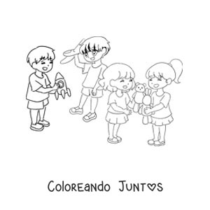 Imagen para colorear de niños y niñas jugando con juguetes en la escuela