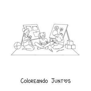 Imagen para colorear de niños jugando y estudiando en la escuela