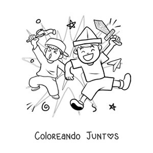 Imagen para colorear de dos amigos niños jugando con juguetes