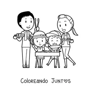 Imagen para colorear de una familia haciendo una barbacoa