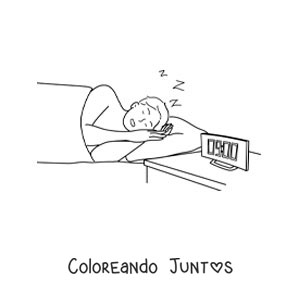 Imagen para colorear de un joven dormido en su cama con un reloj que marca las 9