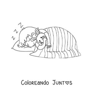 Imagen para colorear de un niño durmiendo en la cama con su conejo de felpa