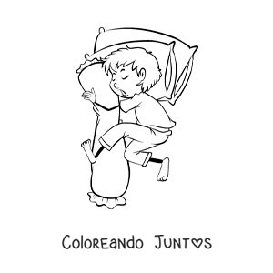 Imagen para colorear de un niño animado durmiendo abrazando una almohada