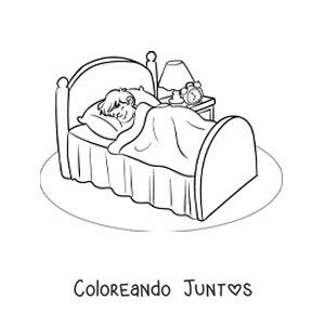 Imagen para colorear de un niño animado durmiendo en su habitación con un despertador