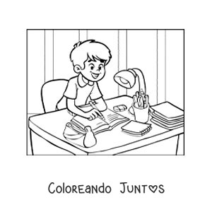 Imagen para colorear de un niño escribiendo su tarea sobre un escritorio