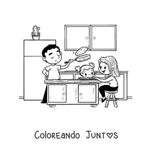 Una madre ayudando a su hija con la tarea mientras papá cocina