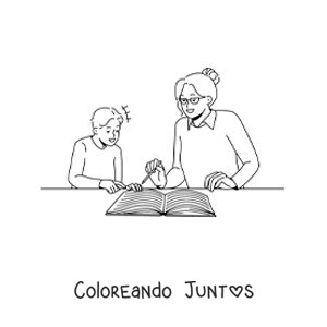 Imagen para colorear de una madre ayudando a su hijo con los deberes