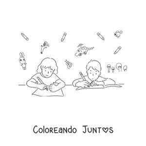 Imagen para colorear de dos niños haciendo los deberes en la mesa