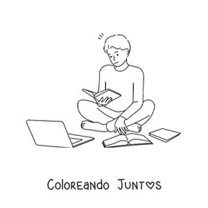 Imagen para colorear de un niño estudiando para la escuela con libros y una laptop