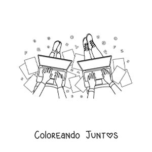 Imagen para colorear de dos jóvenes sentados haciendo sus deberes en computadoras