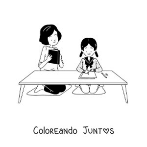 Imagen para colorear de una mamá ayudando a su hija a con la tarea después de la escuela