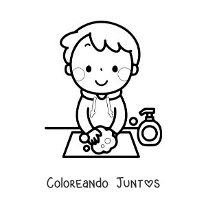 Imagen para colorear de un niño kawaii lavando sus manos con agua y jabón