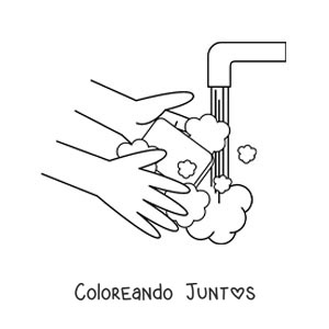 Imagen para colorear de un par de manos con jabón y espuma bajo el chorro de agua
