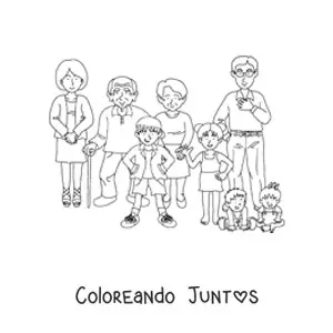 Imagen para colorear de una familia numerosa con cuatro niños y dos abuelos