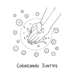 Imagen para colorear de un par de manos con espuma protegidas de un virus animado