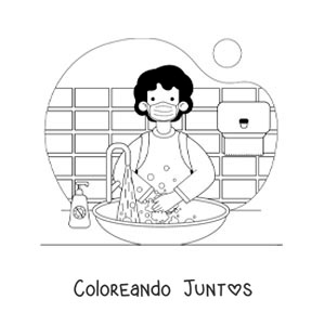Imagen para colorear de un niño lavando sus manos con agua y jabón en la escuela