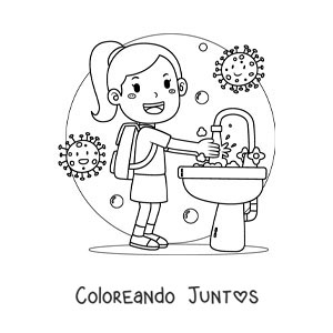 Imagen para colorear de una niña lavando sus manos en la escuela para prevenir enfermedades