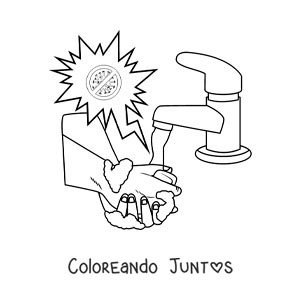Imagen para colorear de un par de manos con espuma bajo el chorro de agua protegidas de un virus animado