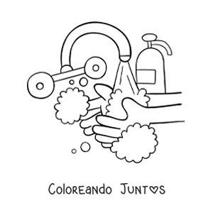 Imagen para colorear de un par de manos con jabón bajo el chorro de agua en el lavamanos