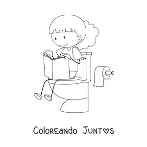 Imagen para colorear de una niña sentada en el retrete leyendo un libro
