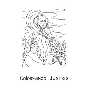 Imagen para colorear de una sirena animada peinando su cabello
