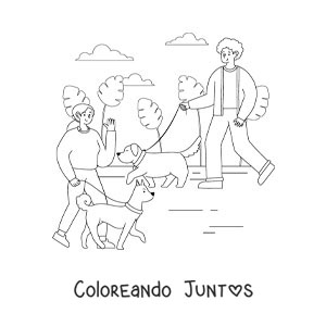 Imagen para colorear de personas paseando a sus perros en el parque