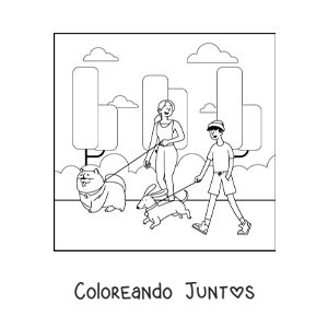 Una chica y un chico paseando a sus perros en el parque